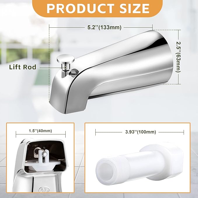 Dreyoo Tub Spout (Universal Fits 1/2" Copper Pipe, 1/2" IPS and 3/4" IPS), Bathroom Bathtub Faucet with Adapters and Hex Wrench (Chrome,Simple)