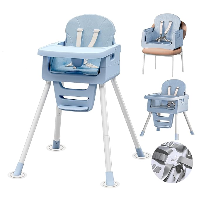 3 in 1 Convertible High Chairs for Toddlers 1-3 Baby Feeding Chair with Tray Wipeable Infant Highchair Sit Up High Chair for Babies and Toddlers with 5-Point Safety Harness & Cushion Blue