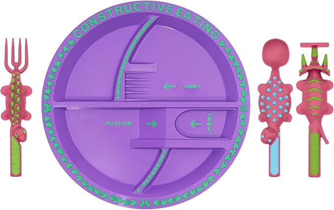 Constructive Eating Plate and Utensils Set - USA-Made Toddler Dinnerware with Divided Plates (Pink Dinosaur)