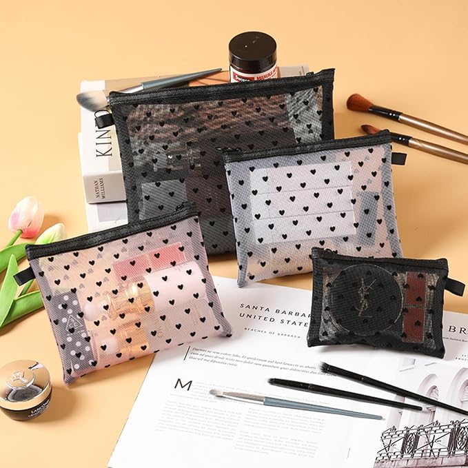 4-Piece Heart Printed Mesh Makeup Bag Set, Portable Travel Mesh Cosmetic Bags Toiletry Bags Makeup Purse Bags, Zipper Storage Pouches for Home Offices Travel Accessories (Pink)