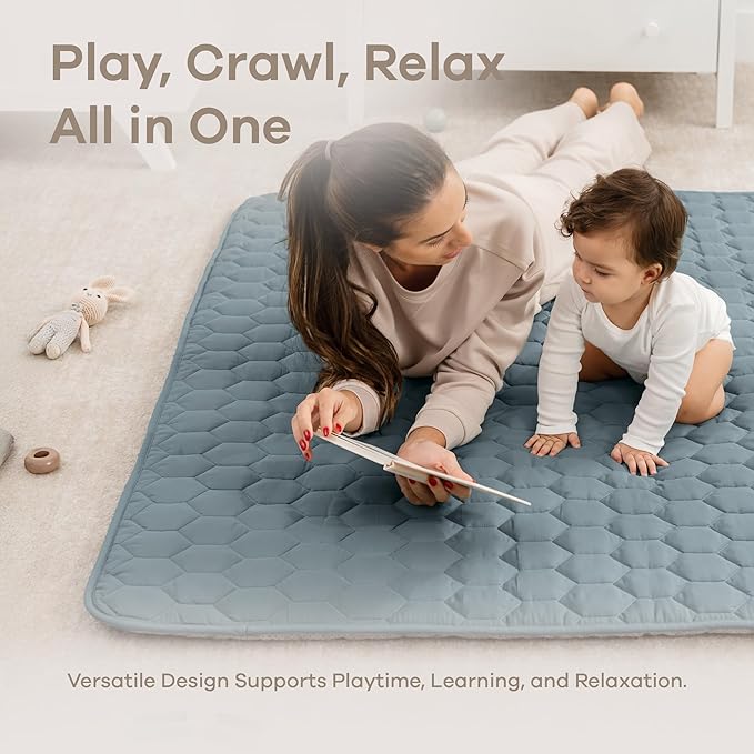 Comfy Cubs Square Kids Play Mat - 56 x 56 inches Soft Quilted Baby Floor Mat with Non-Slip Bottom - Plush Design for Toddlers' Playtime - Comfortable and Durable - Pacific Blue