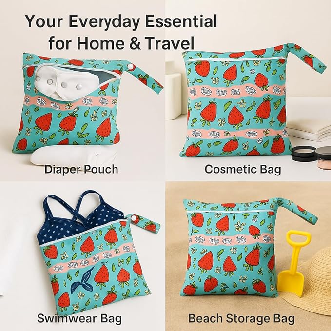 FANALALA Waterproof Wet Dry Bag, Reusable Diaper Pouch with Zipper, Machine Washable Travel Organizer for Beach, Daycare, Kids, Dinosaur Pattern (Strawberry)