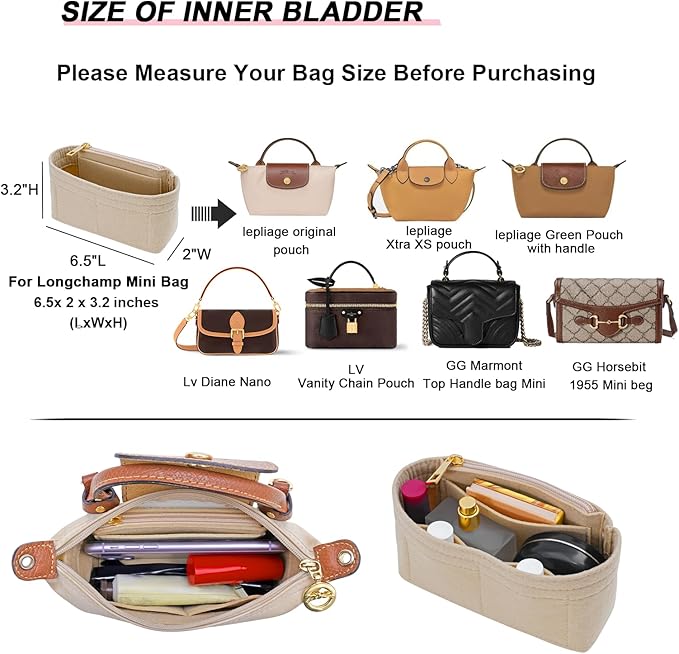 LOUKAYCCI Felt Purse Organizer Insert for Longchamp Mini bag Wihte Zipper Insert (Zipper Beige, Mini)