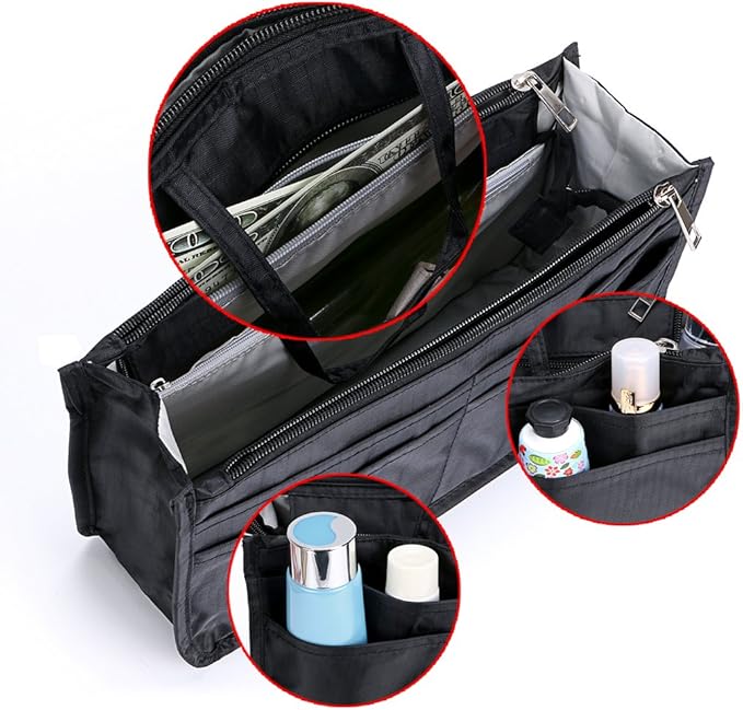 BTSKY Printing Handbag Organizers Inside Purse Insert - High Capacity 13 Pockets Bag Tote Organizer with Handle (Black)