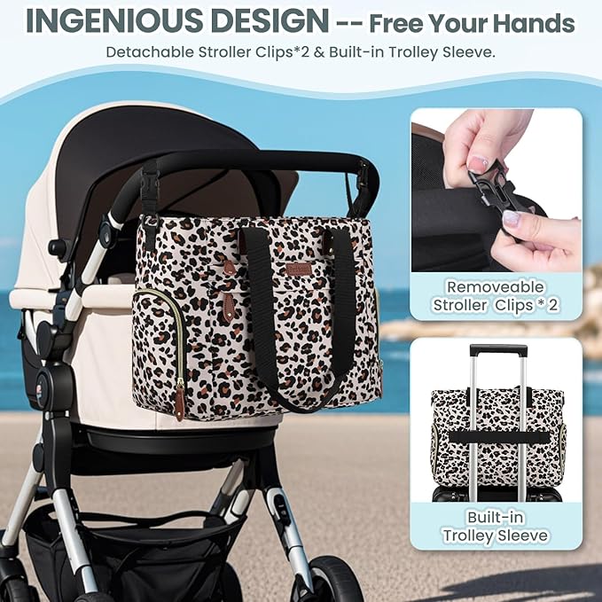 Pritent Diaper Bag Tote for Working Mom, Large Travel Diaper Tote for Mom and Dad with 14 Inch Laptop Sleeve, Mommy Maternity Travel Baby Bag for Boys and Girls, Leopard