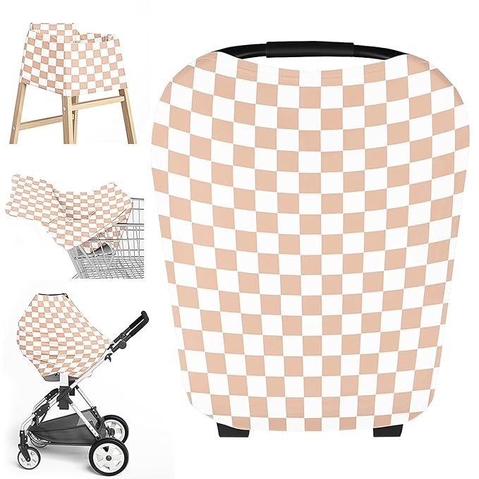 Little Jump Multi-use Baby Carseat Cover, Breathable Nursing Cover, High Stretchy Infant Carseat Canopy, Stroller Cover, Car Seat Covers for Bbies, Boys & Girls (Cream Checkered)