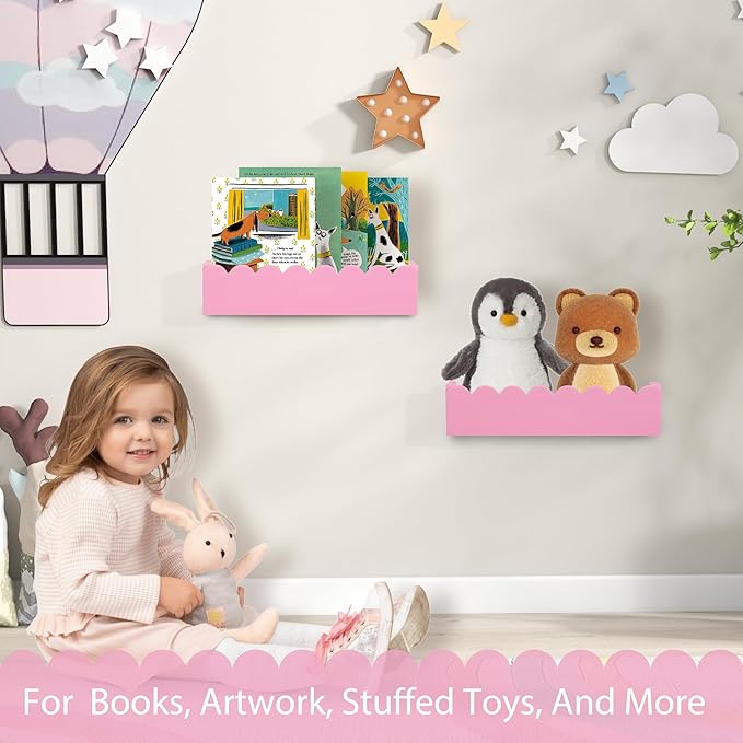 Wood Floating Shelves for Wall,Nursery Bookshelf,Kids Book Shelf,Baby Toys Storage Decor Organizer Wall Mounted for Living Room Bedroom,Wavy Edge,Preassembled,2 Pack,Scalloped Pine(Pink)