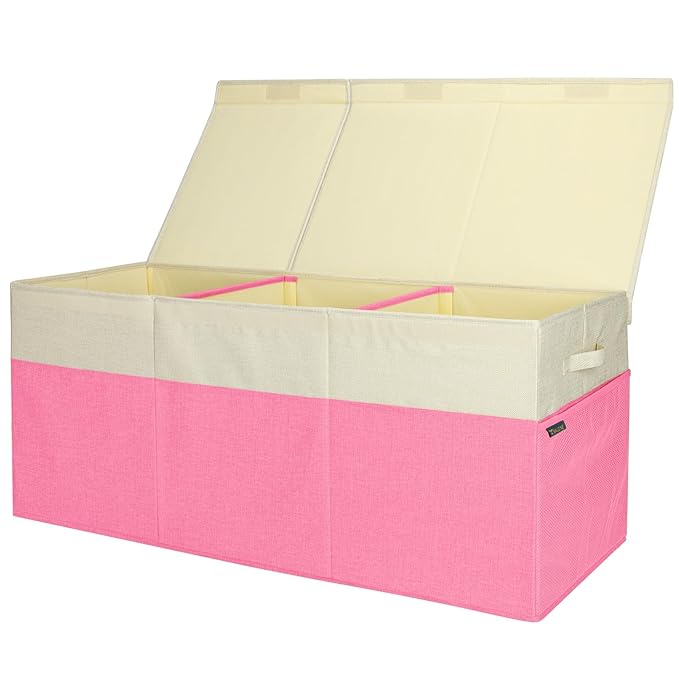 BALEINE Fabric Storage Bins with Lid, Collapsible Extra Large Storage Boxes Bins Baskets with Divider for Home Organizing (37.5"x13"x16", Pink&Beige)