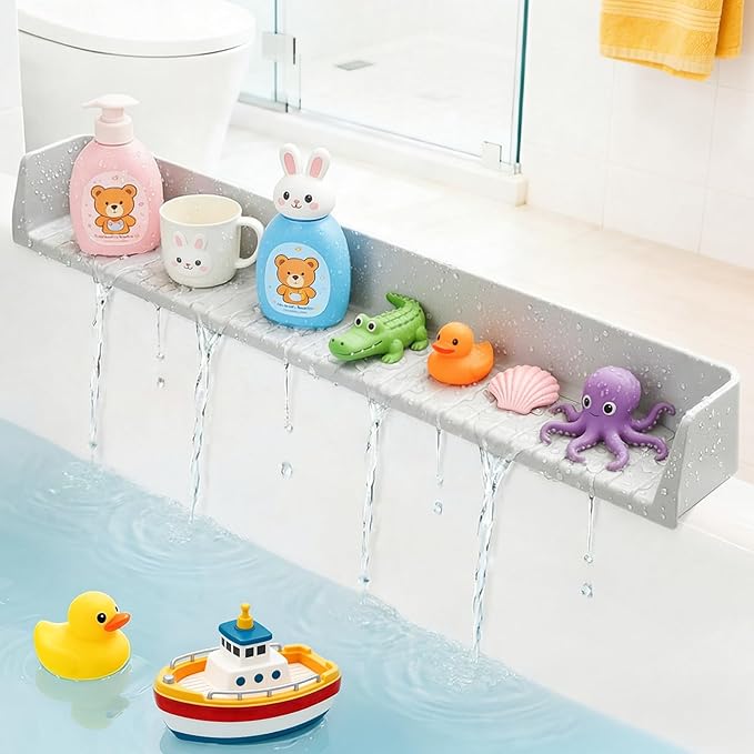 Splash Guard for Bathtub, Silicone Bathtub Splash Guard with Suction Cups, Bath Toys Holder Shelf, Bath Tub Side Tray for Bathroom Storage and Water Spill Prevention, Grey