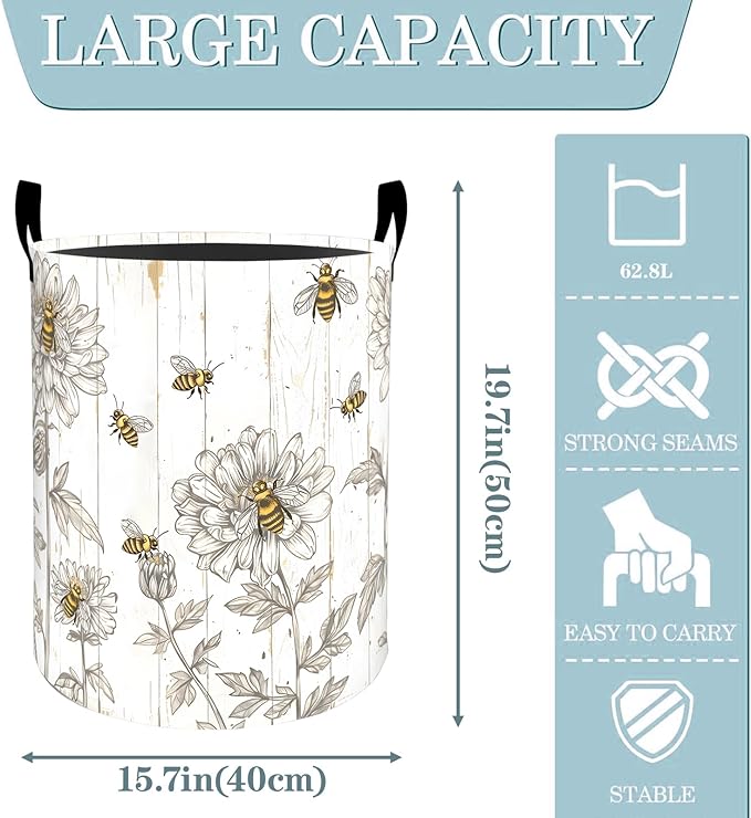 VODRM Bee Floral with Wood Laundry Basket, Dirty Collapsible Clothes Toy Organizer Hamper for Kids Adults, Oxford Cloth Waterproof Storage Bin for Bedroom Bathroom Rustic Decor Gifts, 19.7"X15.7"