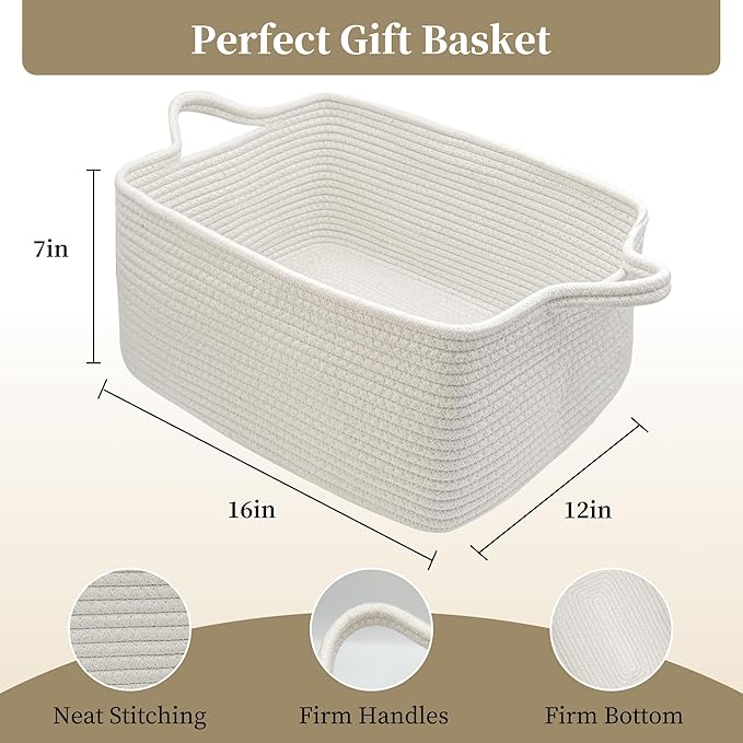 Gift Baskets Empty for Kids, Woven Storage Basket for Gifts Small Rope Basket for Toy Baby Shower Baskets for Diaper Caddy Easter Boo Basket for Home Décor White, 16 x 12 x 7 inches