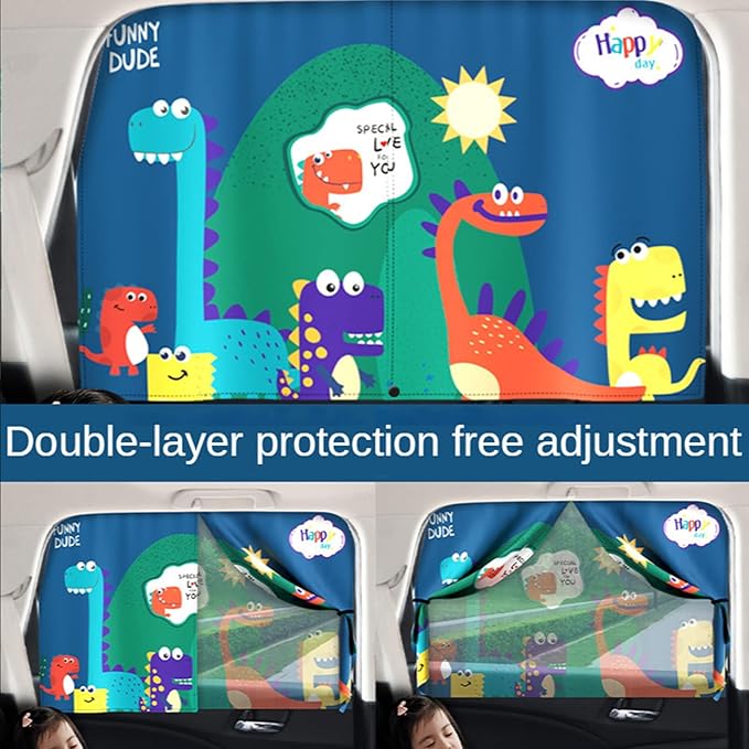 Car Sun Shade for Baby - EOHMAK Car Side Window Sun Shade Cover Upgrade Double Opening Car Interior Curtain Sun Blocker Blind (Dinosaur Family, 1 Pack)