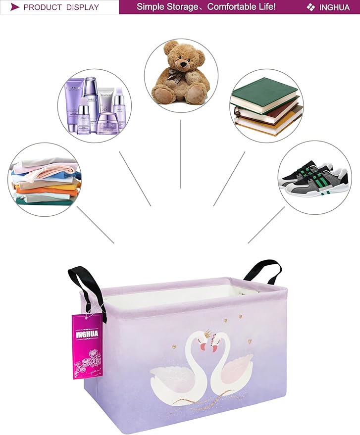 INGHUA Rectangular Storage Basket Fabric Organizer Bin for Toys,Books,Clothes,Gifts,Pets-Perfect for Home,Office,Nursery,Dorm,Shelf(Rec-Love Swans )