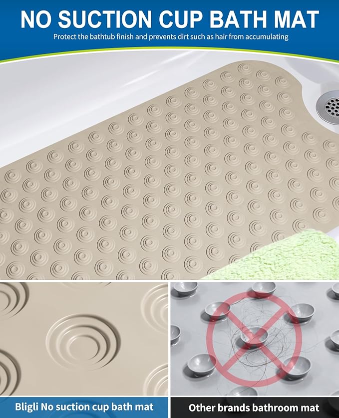 Bathtub Mat Non-Slip Without Suction Cups, 39x16inch Extra Long Bath Mats for Shower Bathroom, Machine Washable Natural Rubber Shower Tub Mat (39x16inch, Brown)