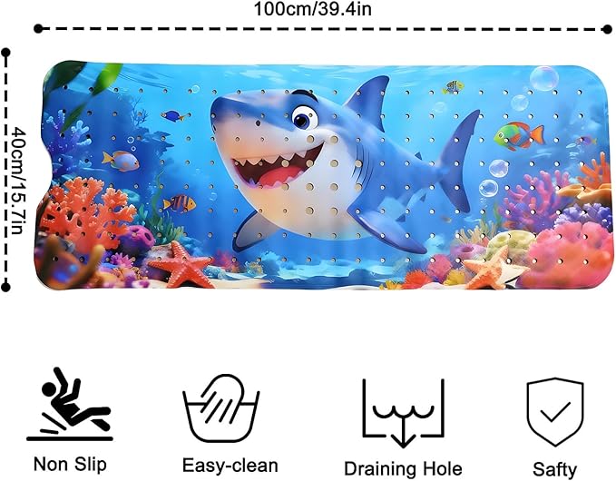 Bathtub Mat Non Slip Shower Mat for Kids, Extra Long 40"x16", Machine Washable Bathmat with Drain Holes, Suction Cups for Bathroom Floor, Cartoon Shark Bath Tub Mat for Students,Toddler,Pets