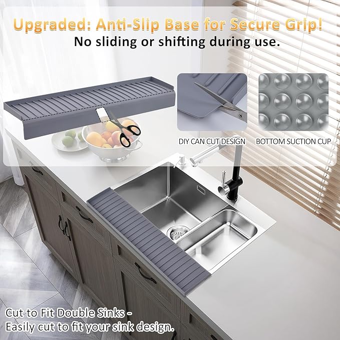 Sink Edge Protector with Suction Cup 4"x30" 20" 14" Silicone Sink Splash Guard for Kitchen & Bathroom, Protect Countertop from Scratches, Stains, for Stainless Steel Granite Quartz-Grey