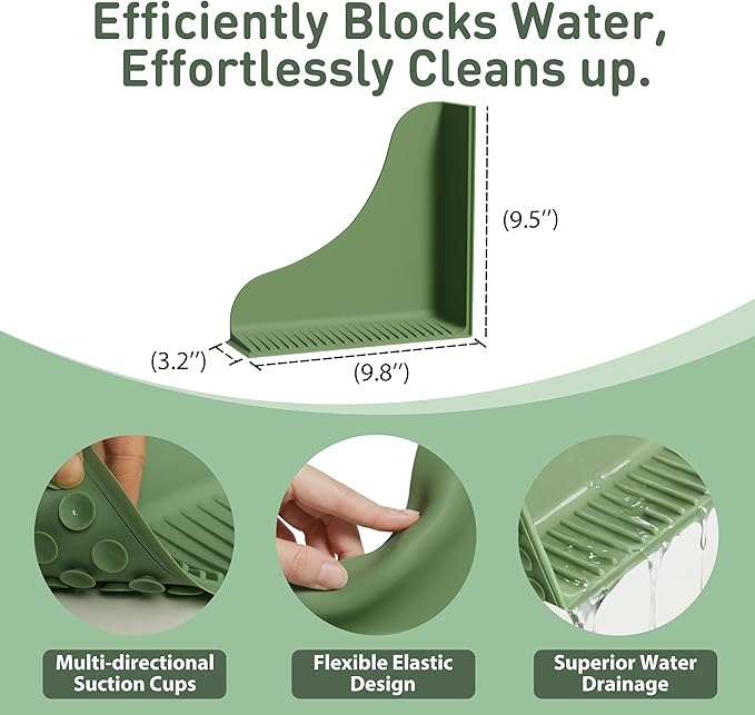 Roslim 2-Pack All-Silicone Shower Splash Guard, Bath Tub Corner Water Blocker with Strong Suction Cups, Reusable & No Sticky Adhesive, for a Secure Seal & Easy Removal, One-Piece Design, Olive Green