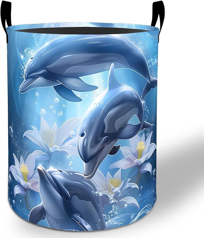 Dolphin Laundry Basket Hamper 19.7"x15.8", Ocean Animal Foldable Waterproof Oxford Clothes Storage Bucket for Room Bathroom Bedroom Nursery Decor, Toy Organizer Bins Gifts for Kids Boys Girls