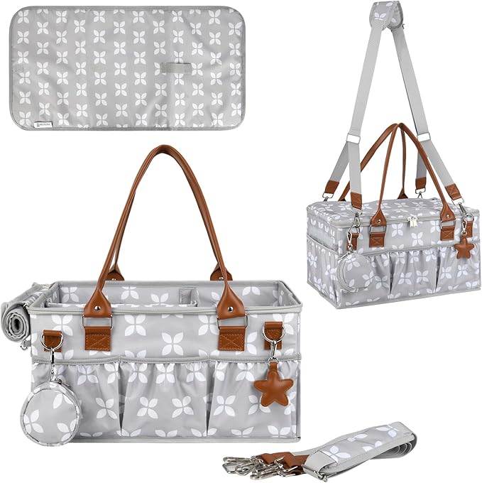 Moteph Diaper Caddy with Changing Mat, Large Baby Diaper Caddy Organizer with Lid, Portable Organizer Basket for Nursery and Car, Shoulder Strap and Pacifier Organizer