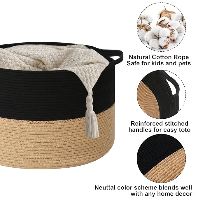 Large Storage Basket with Handle,19.7" L x 19.7" W x 13" H Blanket Basket Storage Bins for Organizing,65L Cotton Rope Woven Baskets for Living Room, Nursery,Bedroom,Black&Camel