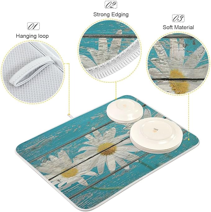 Daisy On Old Wooden Board Dish Drying Mat for Kitchen Counter Turquoise Wood Drying Mat 18 x 24 Inch with High Absorbent Reversible Microfiber Dish Drying Pad Drainer Mat for Coffee Bar