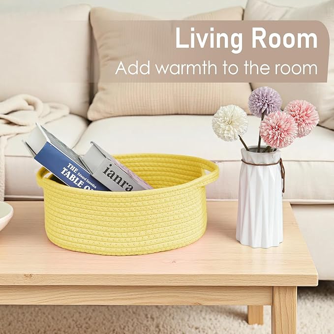 JMvicyroam Woven Basket,Small Rope Storage Bin with Handles & Ribbon Bag, Organizer for Shelves Closets,Gift Basket Empty for Birthday,Books,Dog Toys, Yellow