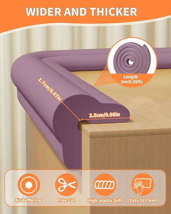 Edge Protector for Baby Proofing, 6.6FT 0.67’’Th L-Shape Air Buffering Soft NBR Rubber Foam Furniture Edge Bumper Guards with 6 Corners, Pre-Taped, Thick Table Bumper Guard for Babies (Purple)