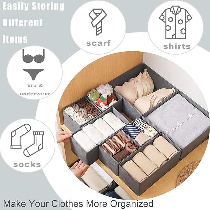 Drawer Organizer Clothes 12 Pack Clothes Organizer Dresser Drawer Organizers for Socks Underwears Bras Foldable Closet Organizers and Storage Fabric Storage Dividers for Nursery Bedroom, Gray