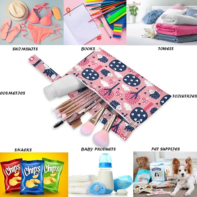 visesunny Hedgehog Forest 2Pcs Wet Bag with Zippered Pockets Washable Reusable Roomy for Travel,Beach,Pool,Daycare,Stroller,Diapers,Dirty Gym Clothes, Wet Swimsuits, Toiletries