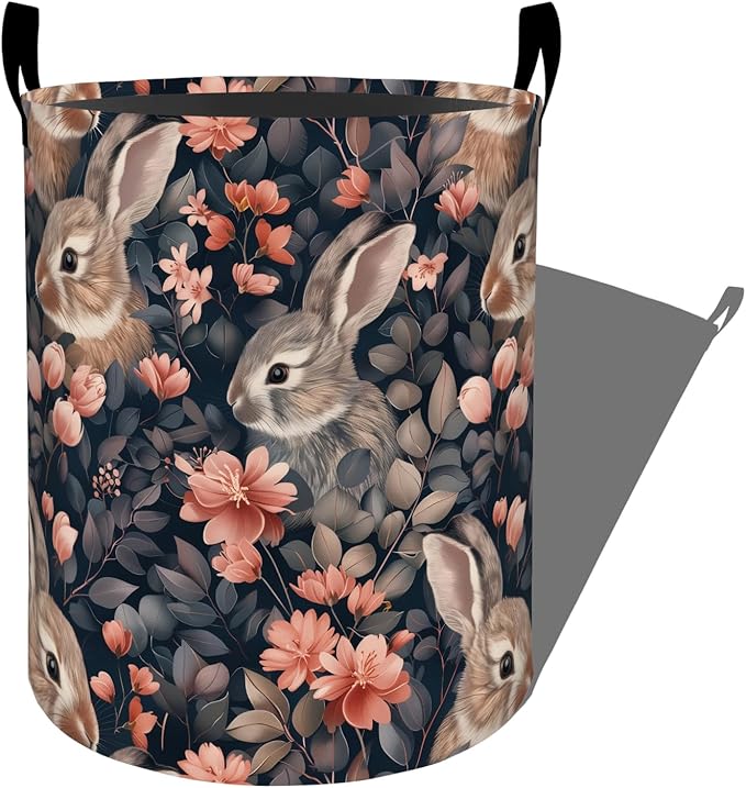 Adorable Rabbit Pink Flowers Foliage Laundry Basket with Handles, 19.7"x15.7" Clothes Foldable Laundry Hamper Organizer for Dorm Nursery Bedroom Bathroom Decor, Toy Storage Bin for Kids
