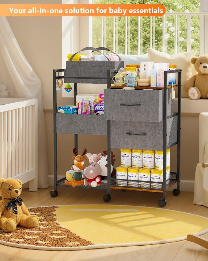 Baby Storage Cart with Drawers, Baby Diaper Caddy Organizer with Removable Dividers, Baby Closet Organizer, 2In1 Rolling Cart for Nursery Essentials & Baby stuff