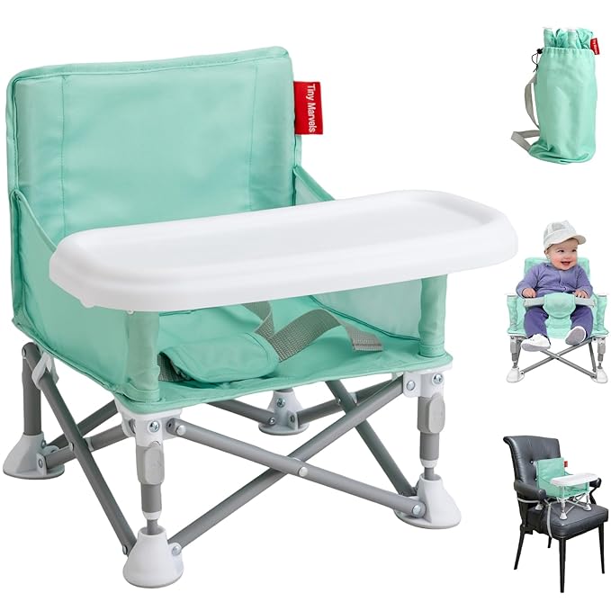 Tiny Marvels Portable Booster Seat, Foldable Baby High Chair with Removable Tray, Safety Harness & Carry Bag – for Toddlers Ages 6M-3Y, Ideal for Dining, Travel, Camping & Family Time