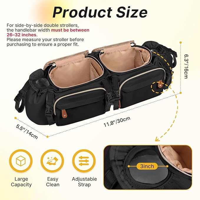 Double Stroller Organizer for Bob Duallie and Baby Jogger City Mini GT2, Double Stroller Caddy Organizers with Cup Holder and 2 Cooler Pockets Parent Console Double Stroller Accessories