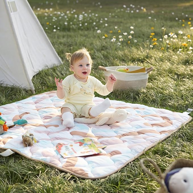 Momcozy Baby Play Mat for Floor, 50"x50" Thickened Playpen Mat, Playmate for Baby Tummy Time, Waterproof & Non-Slip, Foldable Outdoor Mat with Carrying Handle, Crayon