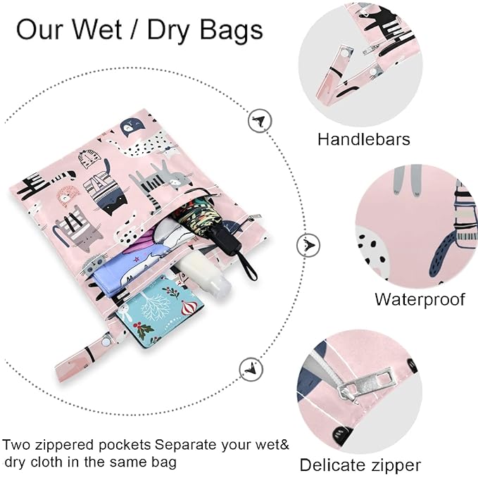 visesunny Cute Cat Dot 2Pcs Wet Bag with Zippered Pockets Washable Reusable Roomy for Travel,Beach,Pool,Daycare,Stroller,Diapers,Dirty Gym Clothes, Wet Swimsuits, Toiletries