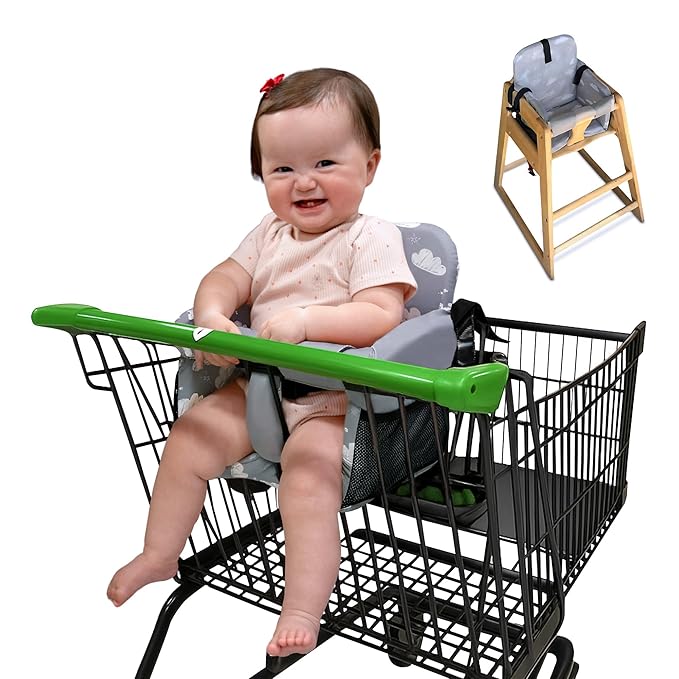 Shopping Cart Seat Cover for Baby, High Chair & Grocery Seat Protector, Padded Chair Covers for Restaurant Seats, Unisex Machine Washable Grocery Cart Liner & Swing Insert – Grey Clouds