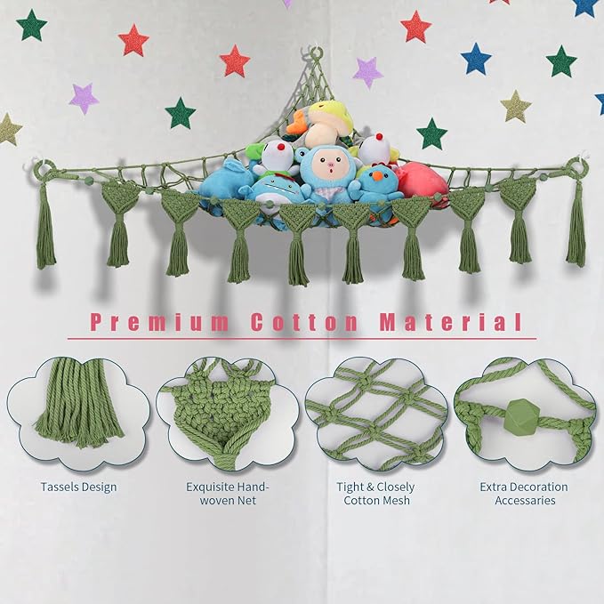 Stuffed Animal Hammock Corner - 56'' Jumbo Handcrafted Stuffed Animal Net Toy Hammock - 100% Natural Cotton 5mm Double Macrame Cord Plushies Storage - Green Stuffy Plushie Net w/LED Star Light