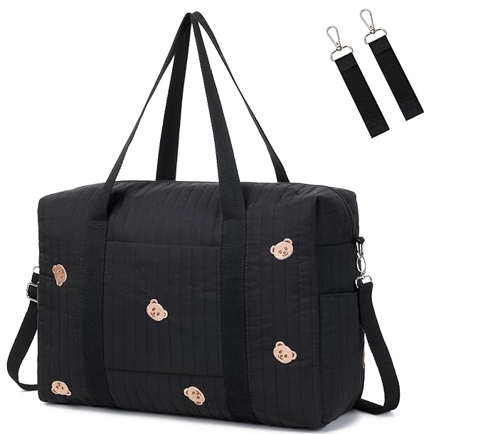 Diaper Bag Tote with Insulated Pockets and Stroller Hooks for Travel (Black-gold, Large)
