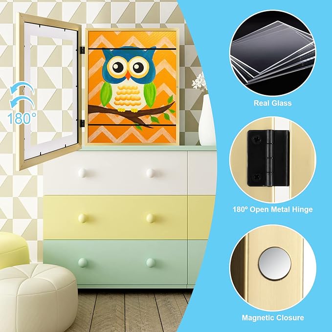 [2Pack] Kids Art Frames, 11x14 Front Opening Kids Artwork Frames Changeable, Gold Artwork Display Storage Frame for Wall, Holds 50 Pcs, for 3D Picture, Crafts, Children Drawing, Hanging Art, Portfolio