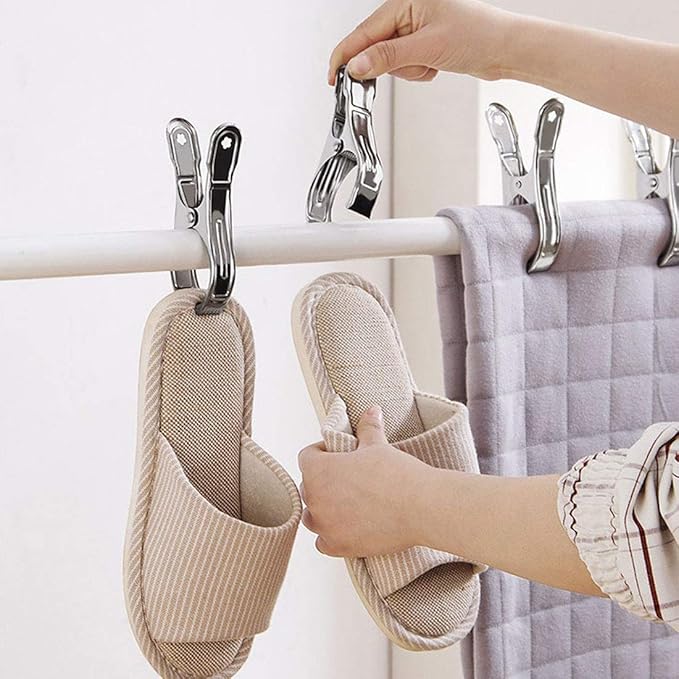 FOMMEN Outdoor Heavy Duty clothespins 10 Pack Large Stainless Steel Quilt Clips,Beach Towel Clips,Curtain Clamps,Rubber Tipped Metal Clothes