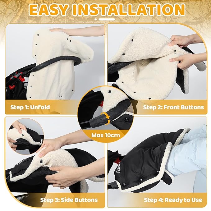Orzbow Winter Stroller Gloves, Waterproof Mittens for Cold Weather With Berber Fleece, Universal Anti-freeze Hand Muffs, Easily Attaches to Stroller, for Parents and Caregivers, Cozy & Warm, Black