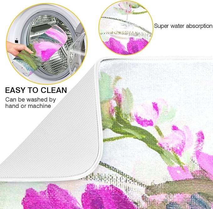 Absorbent Dish Drying Mat for Kitchen Counter - Oil Painting Flowers Microfiber Drying Pad, Reversible Drainer Mats for Countertop, Small 16" x 18"