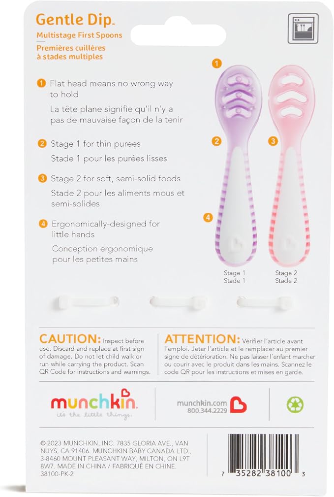 Munchkin® Gentle Dip™ Baby Spoons for Self Feeding and Baby Led Weaning, 3 Pack, Pink/Purple