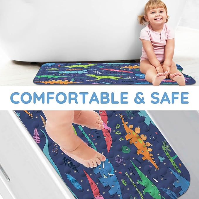 KINUUIS Bathtub Mats for Kids, Cartoon Blue Dinosaur Bath Mat for Tub Non Slip, 40 X 16 Inch Large Washable Bathtub Mat Non Slip for Showers with Drain Holes and Suction Cups