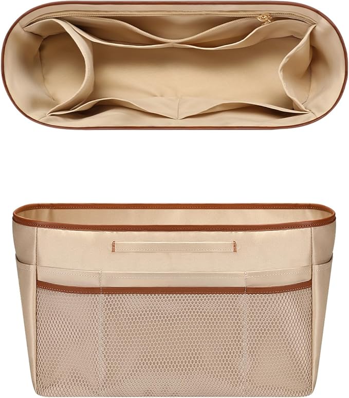 GIVLEFLY Tote Organizer Insert with Multiple Pockets Purse Dividers for Inside Bag with Handle Lightweight Purse Liner with Cup Holder Fit for Longchamp Medium Size and City30 and More (Medium,Beige)