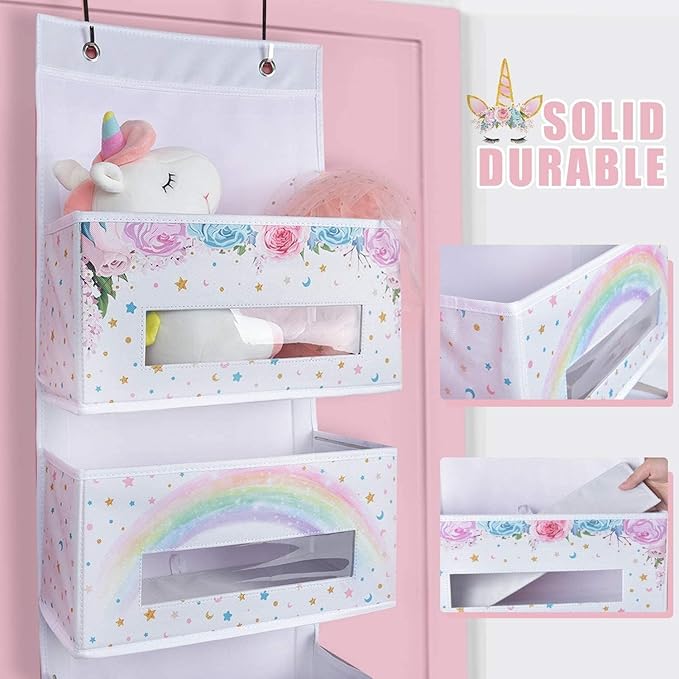 WERNNSAI Unicorn Over Door Hanging Organizer - Behind Door Hanging Storage with 4 Clear Window Pockets for Baby Girls Room Organization Gifts Toy Diaper Pantry Closet Bedroom Bathroom Nursery Decor
