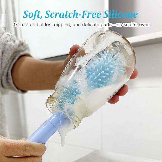 Blue Travel Bottle Cleaner Kit with Drying Rack – 6-in-1 Baby Bottle Washer & Silicone Brush Set for Pump Parts, Nipples & Straws – Portable Baby Travel Essential in Compact Case
