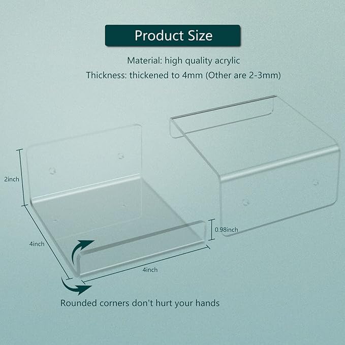 DingCo Floating Acrylic Shelves, 4x4 Inch Clear Wall Shelves, Small Plant Display Stand (No Drill Shelf, 4 Pack)