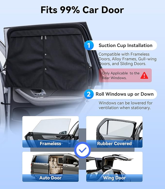 Nmoiss [2026 Upgraded] Car Window Shades for Baby [Blocks 100% UV & Harsh Sunlight] (2 Pack) Double Layer Side Window Curtains Roll Windows Down Privacy Full Covers/Half Shade Options Small