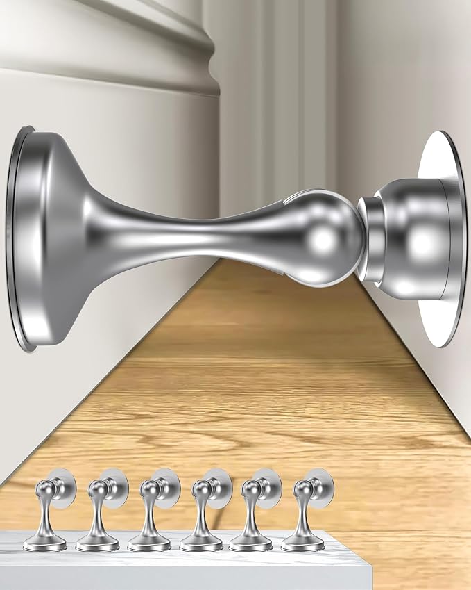 Crosize Magnetic Door Stoppers 6 Pack, Stainless Steel Door Stops for Wall and Floor Mounting, Door Holder Keep Door Open, No Drilling Door Stop with 3D Adhesive Tapes, Silver